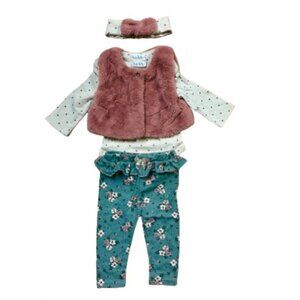 Nicole Miller 4-Piece Baby Girl Faux Fur Vest Bodysuit & Floral Legging Set 6-9M